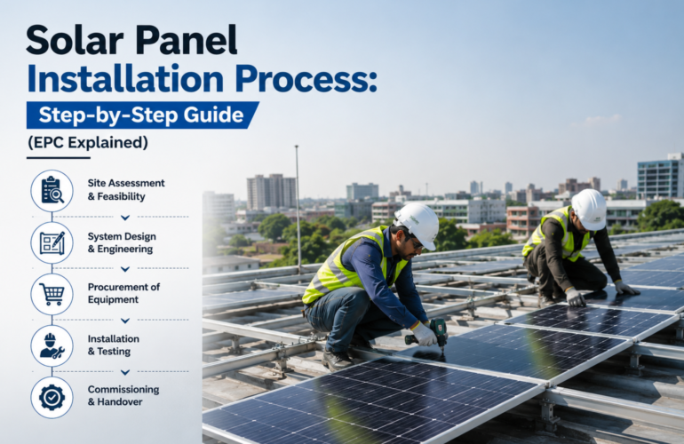Technicians installing rooftop solar panels during the EPC installation process