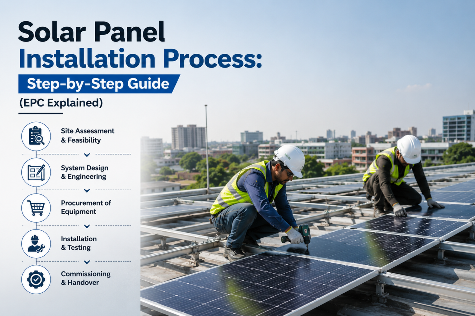 Technicians installing rooftop solar panels during the EPC installation process