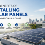 Solar panels installed on a commercial building rooftop generating clean, renewable energy