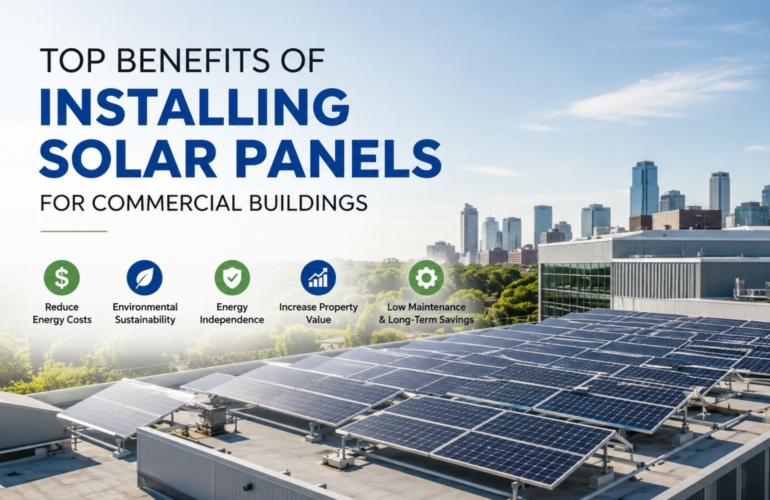 Solar panels installed on a commercial building rooftop generating clean, renewable energy